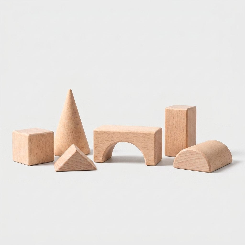 Assortment of wood block shapes — cube, cone, triangle, arch, rectangle, and half-cylinder — on a white background