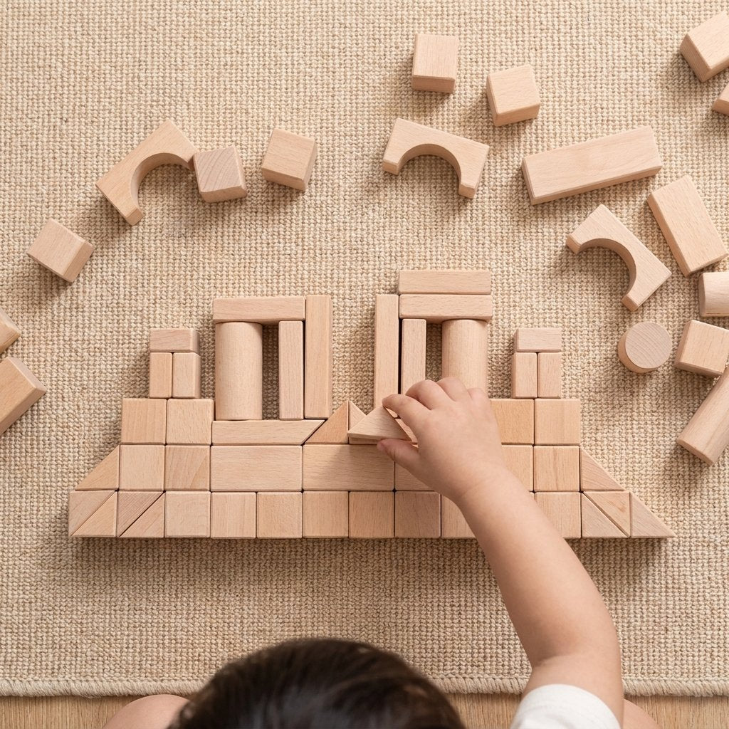 Overhead view of a child's hand placing a triangle block into a temple-like structure with columns and arches, on a woven rug
