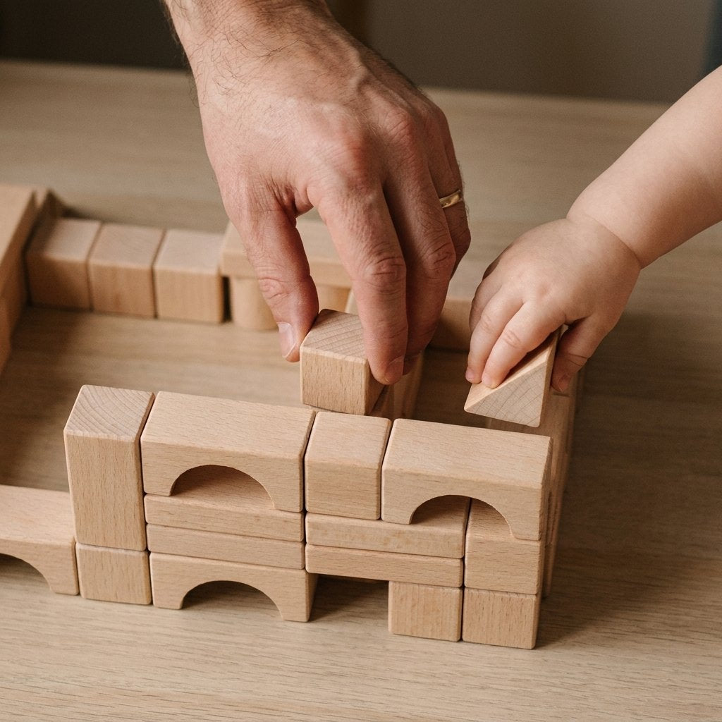 Adult and toddler hands placing wood blocks together onto a wall structure with arched openings