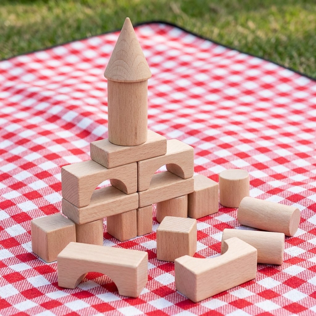 Small wood block tower with a cone roof built on a red-and-white checkered picnic blanket outdoors on grass