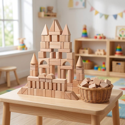 Natural wood block castle built on a child's play table next to a wicker basket of extra blocks, in a playroom with a toy shelf in the background