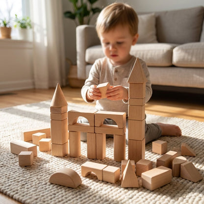 Toddler kneeling on a living room rug, building a tall wood block castle with towers and arches