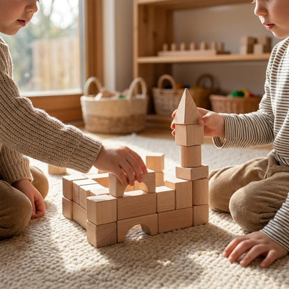 Two children kneeling on a rug together, building a wood block castle with a peaked tower