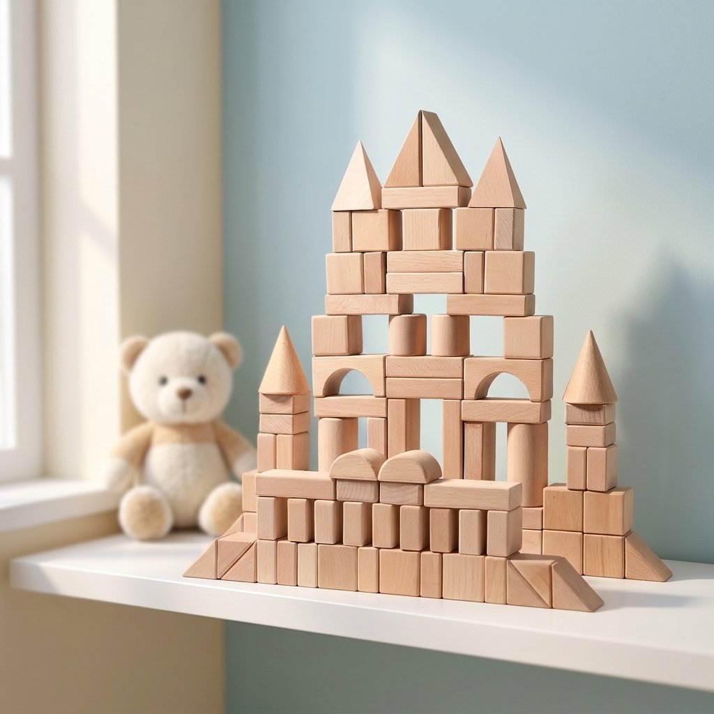 Wood block castle with multiple cone-topped towers displayed on a white shelf next to a teddy bear