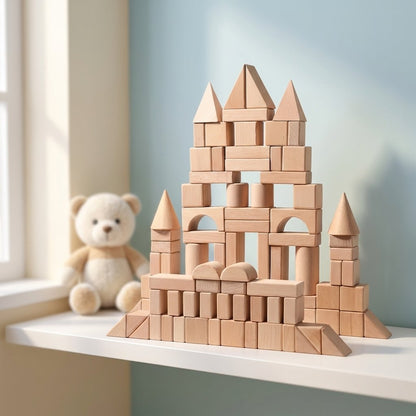 Wood block castle with multiple cone-topped towers displayed on a white shelf next to a teddy bear