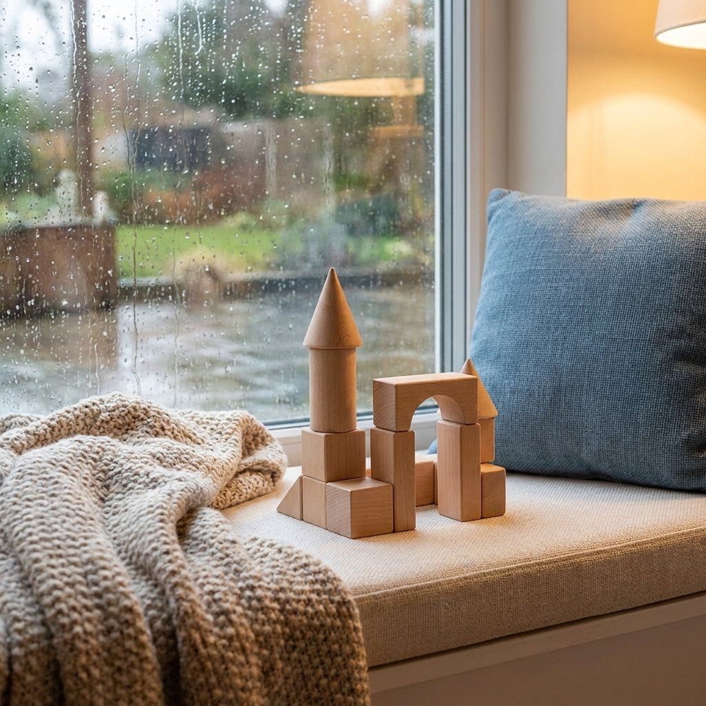 Small wood block tower with a cone-topped spire and an arch, built on a window seat beside a knit blanket on a rainy day