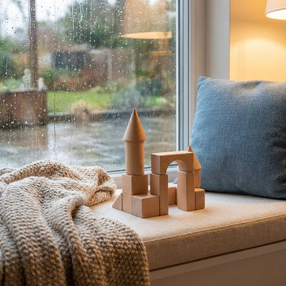 Small wood block tower with a cone-topped spire and an arch, built on a window seat beside a knit blanket on a rainy day