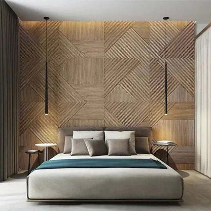 Modern bedroom with geometric wood-paneled wall, large bed, and teal accents.