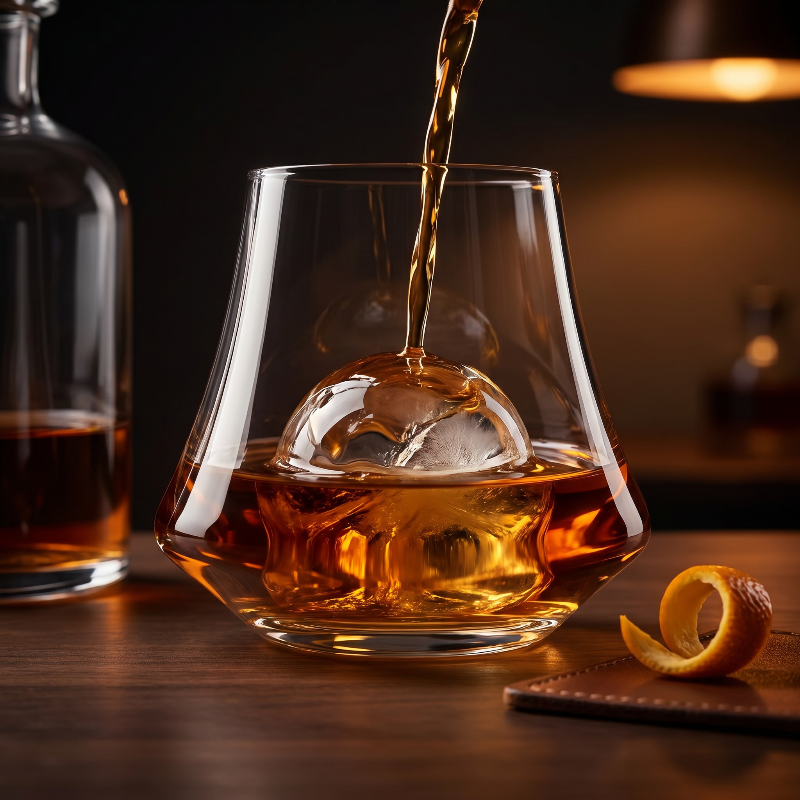 10-oz. double old-fashioned whiskey glass with whiskey being poured