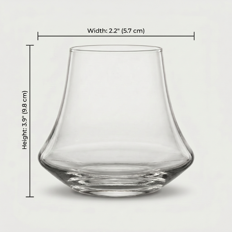 10-oz. double old-fashioned whiskey glass dimensions graphic on white background