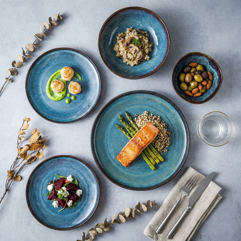 Blue kiln glazed bowl with food served
