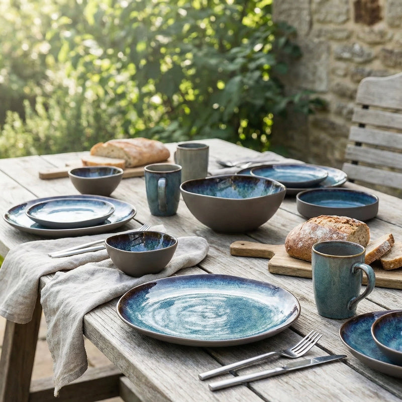 Blue kiln glazed plates and bowls on dining table