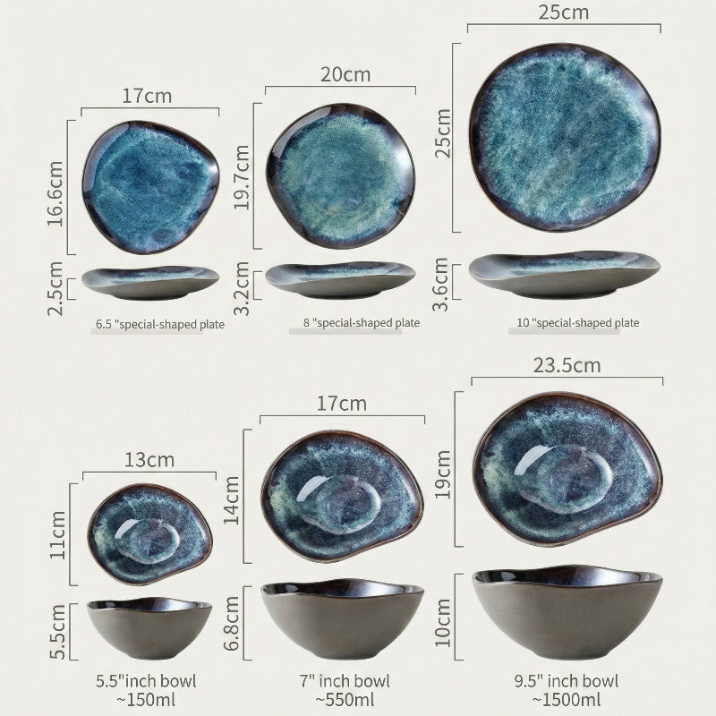 Set of ceramic plates and bowls with measurements on a white background