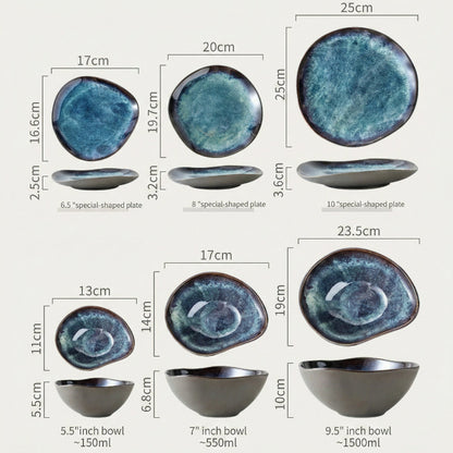 Set of ceramic plates and bowls with measurements on a white background