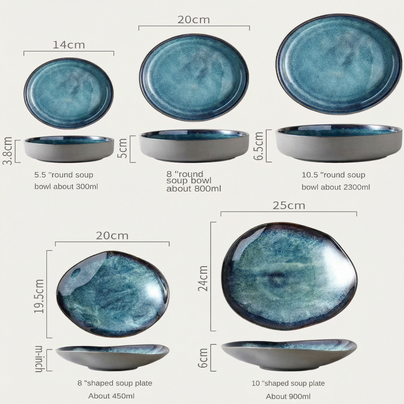 Set of blue ceramic bowls and plates with measurements on a white background