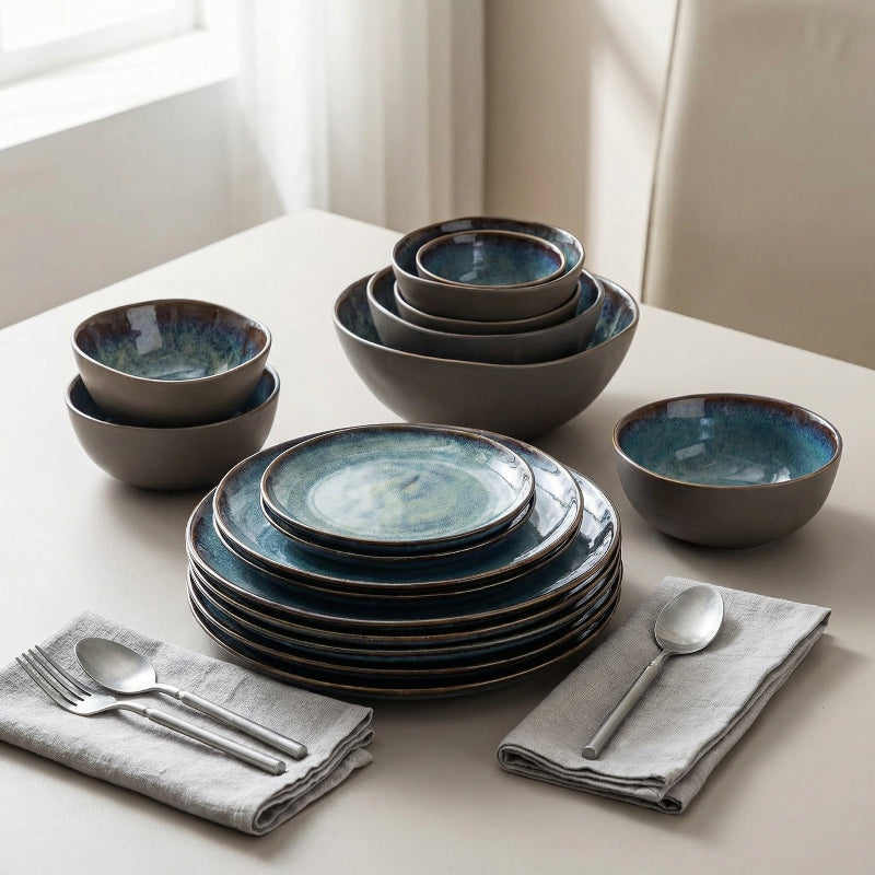 All 11 pieces of blue kiln glazed dinnerware set