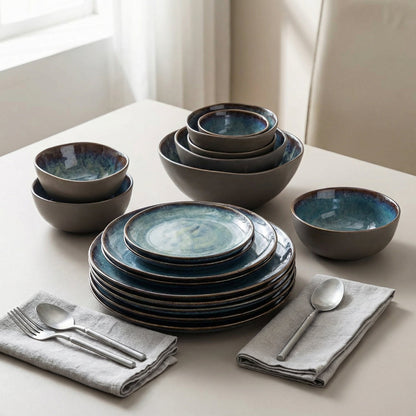 All 11 pieces of blue kiln glazed dinnerware set