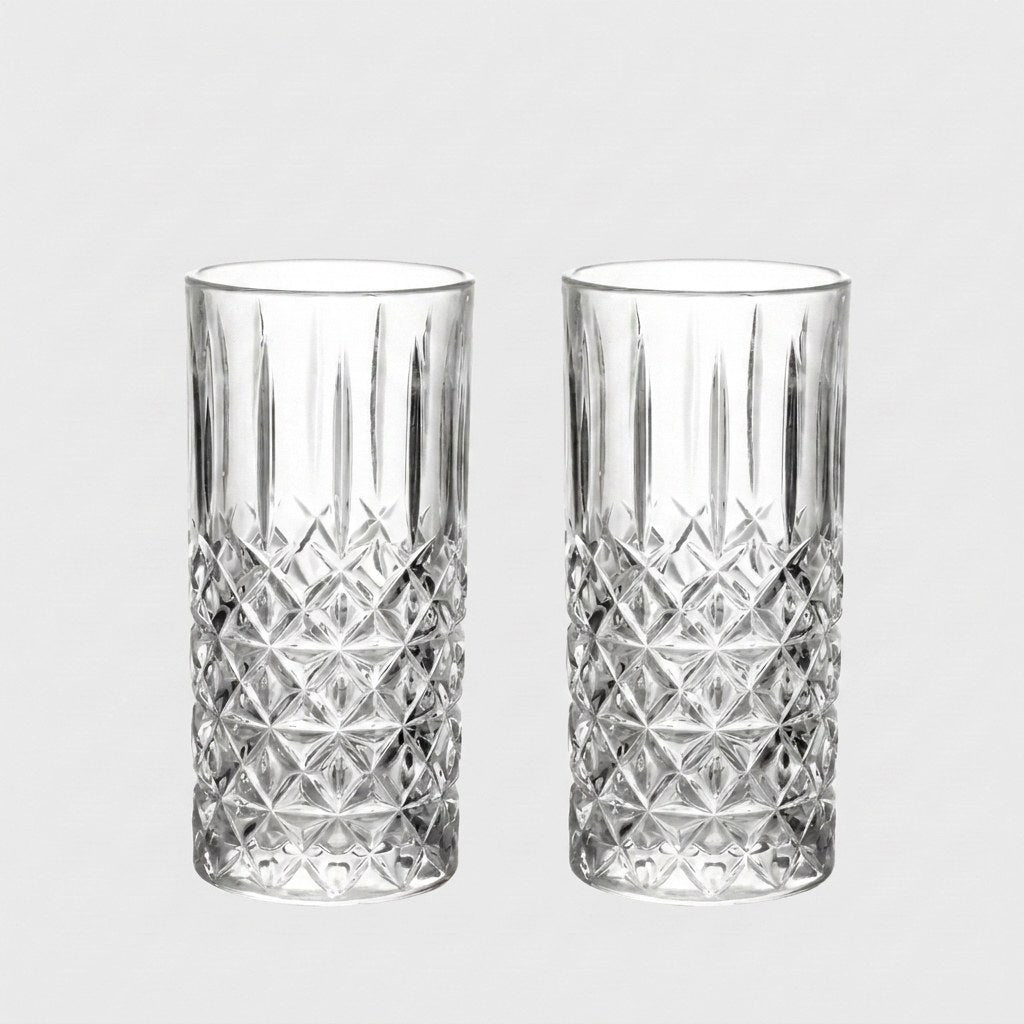 Set of two 11oz faceted highball glasses on a plain white background