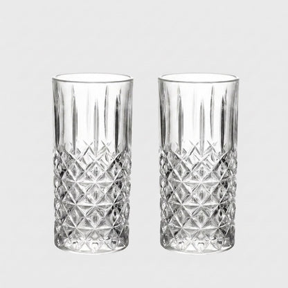 Set of two 11oz faceted highball glasses on a plain white background