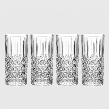 Set of four 11oz faceted highball glasses on a plain white background