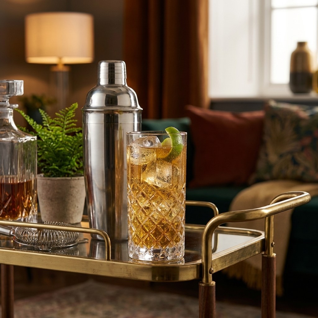 11oz faceted highball glasses styled on a bar cart with bottles and cocktail tools