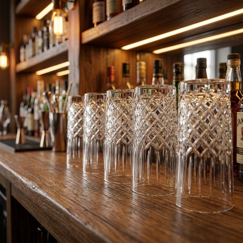Row of 11oz diamond-cut highball glasses lined up along a bar counter
