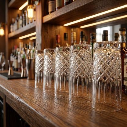 Row of 11oz diamond-cut highball glasses lined up along a bar counter