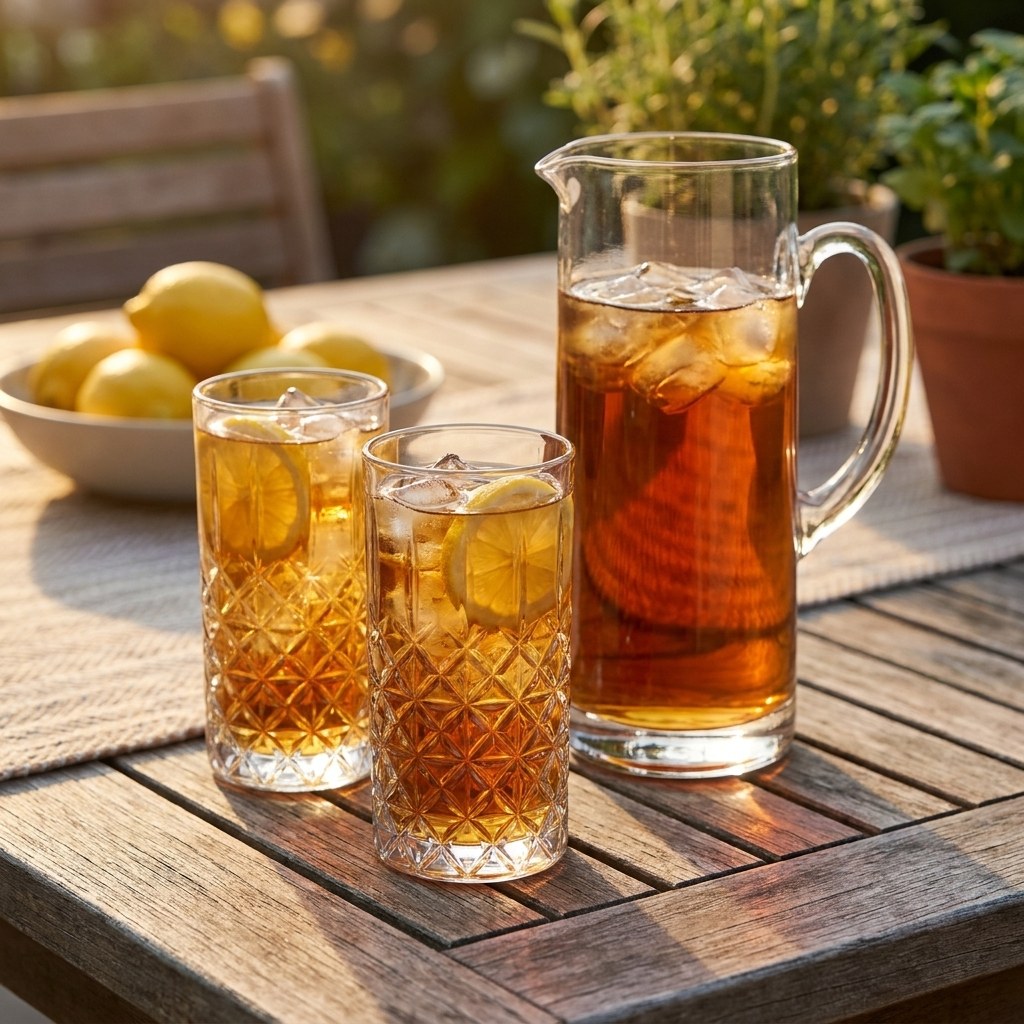 11oz highball glass filled with iced tea on an outdoor patio table