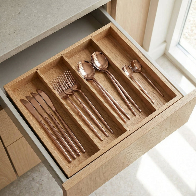 Wooden cutlery organizer with silverware in a kitchen drawer.