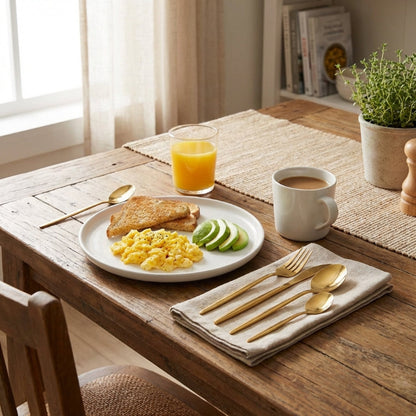 Breakfast setting on a wooden table with a plate of eggs, toast, and fruit, a cup of coffee, and a glass of orange juice.