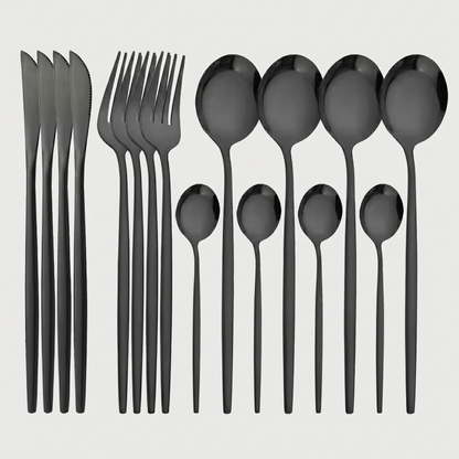 Black stainless steel 16-piece cutlery set with white background.