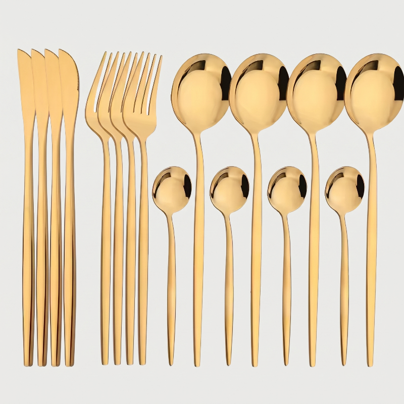 Gold stainless steel 16-piece cutlery set with white background.