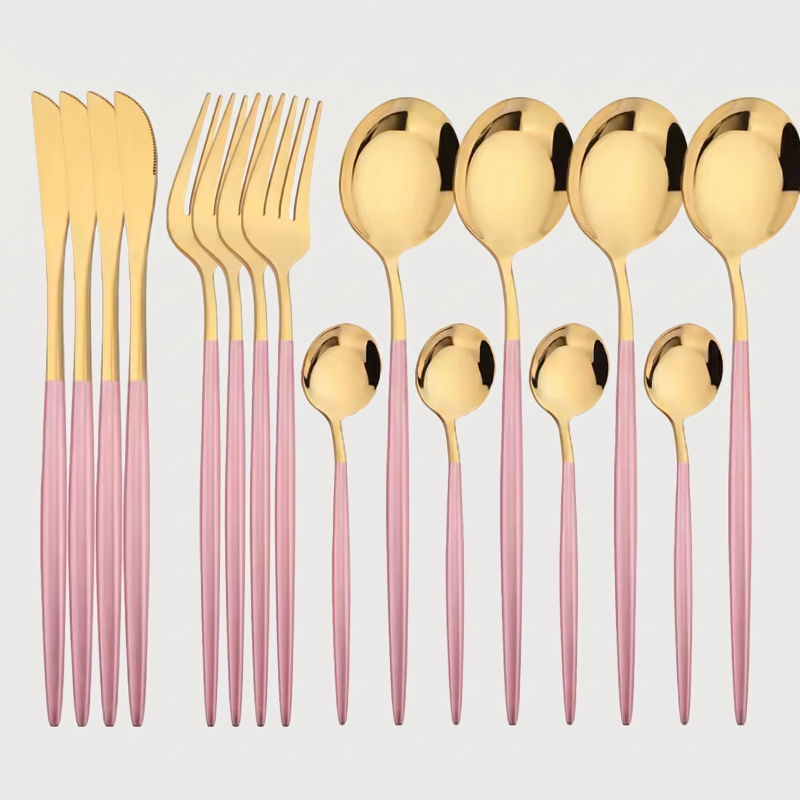 Gold and pink stainless steel 16-piece cutlery set with white background.