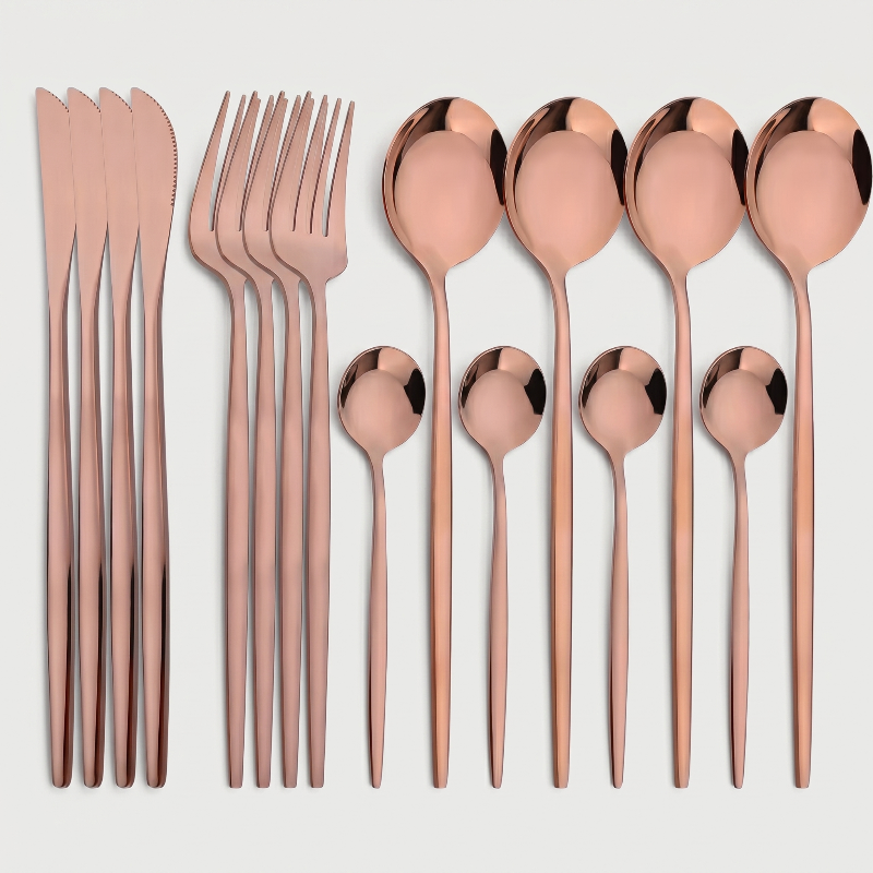 Rose gold stainless steel 16-piece cutlery set with white background.