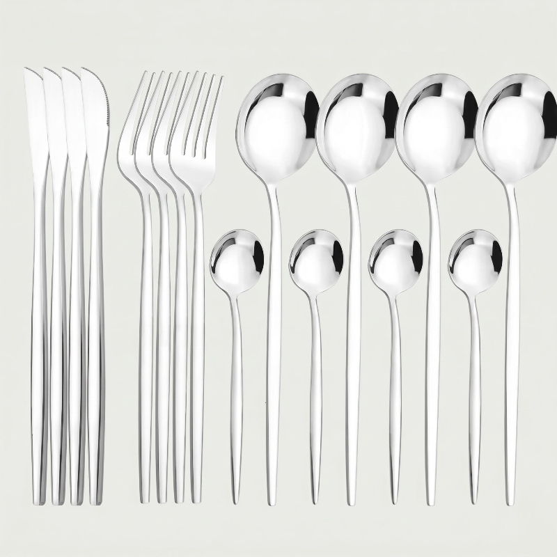 Silver stainless steel 16-piece cutlery set with white background.