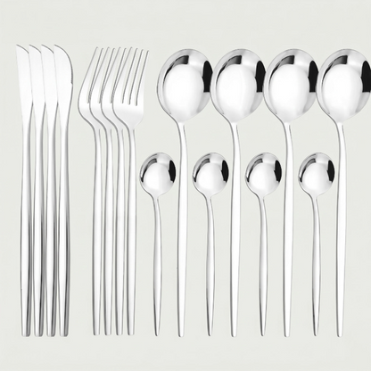 Silver stainless steel 16-piece cutlery set with white background.