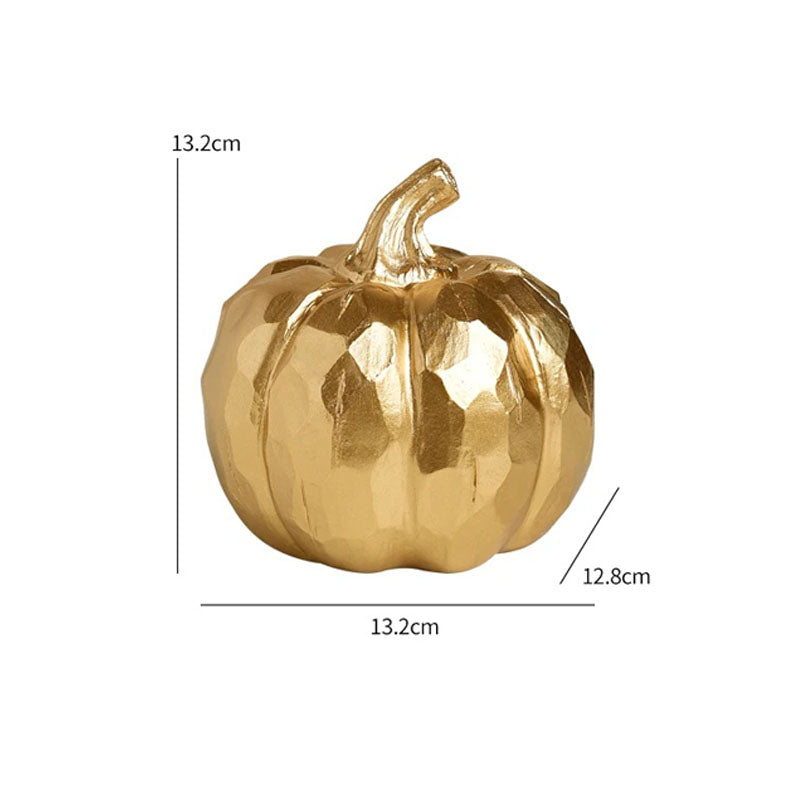 A golden, faceted decorative pumpkin with dimensions overlaid, showing a height of 13.2cm, a width of 13.2cm, and a depth of 12.8cm.