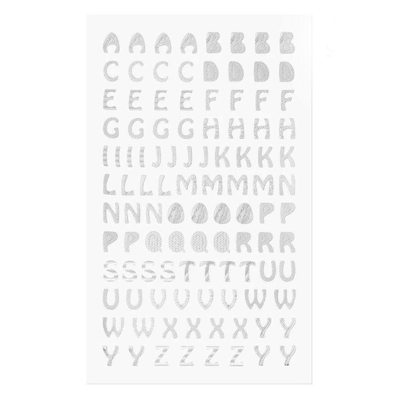 Sheet of silver alphabet stickers.