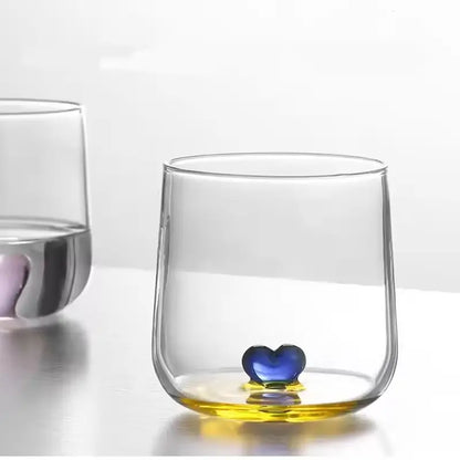 A clear glass with a blue heart at the bottom.