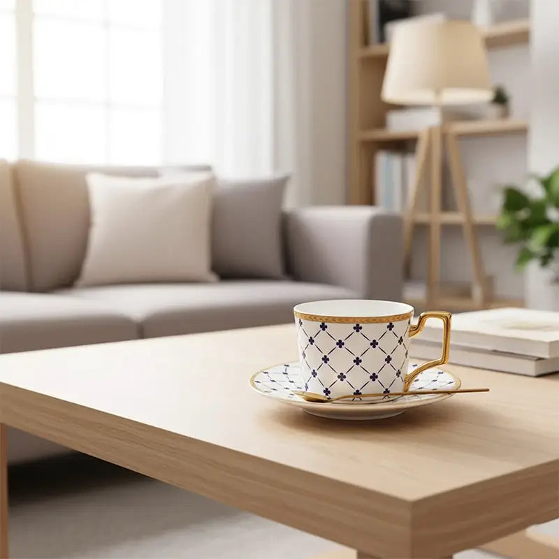 White teacup and saucer with blue lattice and clover pattern, gold trim, and a gold spoon on a light wooden coffee table.