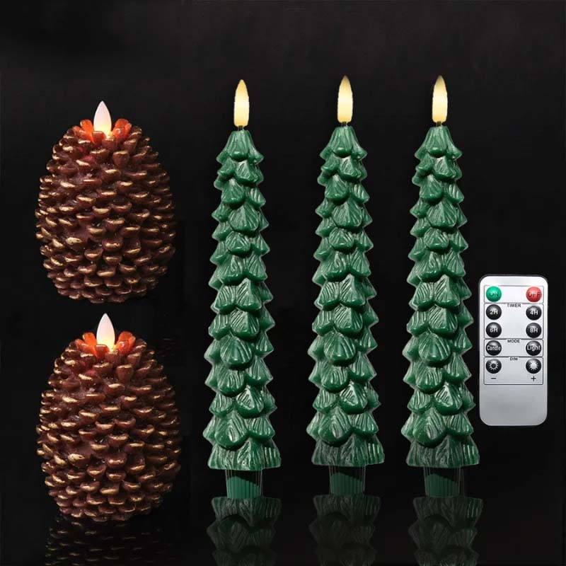 A set of Christmas-themed LED candles, including pinecones and pine trees, with a remote control.