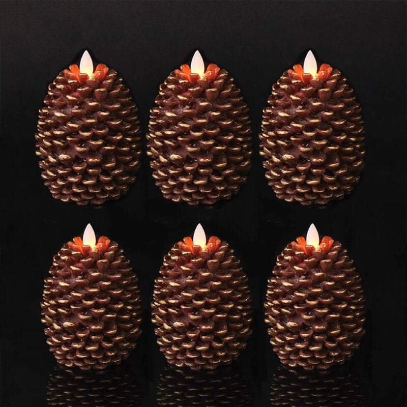 Six LED candles shaped like pinecones on a dark background.