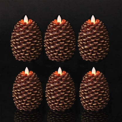 Six LED candles shaped like pinecones on a dark background.
