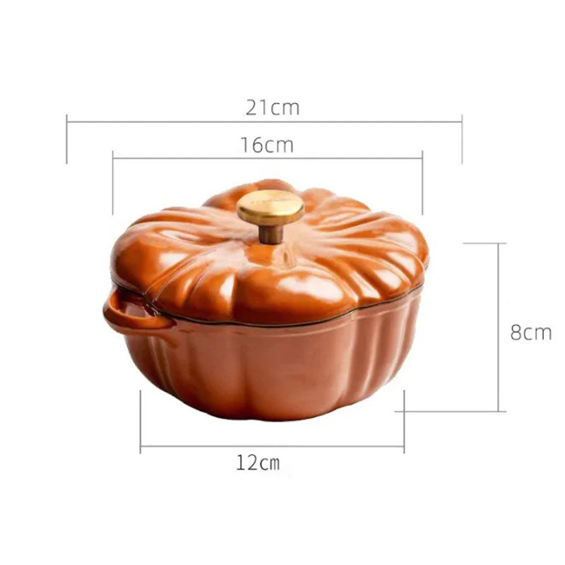 An orange, pumpkin-shaped cast iron pot with a gold knob is shown with its dimensions: 21cm long, 12cm wide, and 8cm tall.