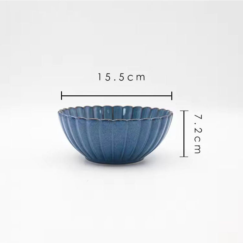 A blue ceramic bowl with its dimensions labeled as 15.5 cm wide and 7.2 cm tall.