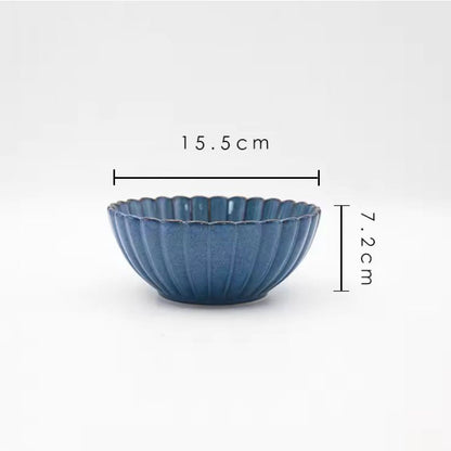 A blue ceramic bowl with its dimensions labeled as 15.5 cm wide and 7.2 cm tall.