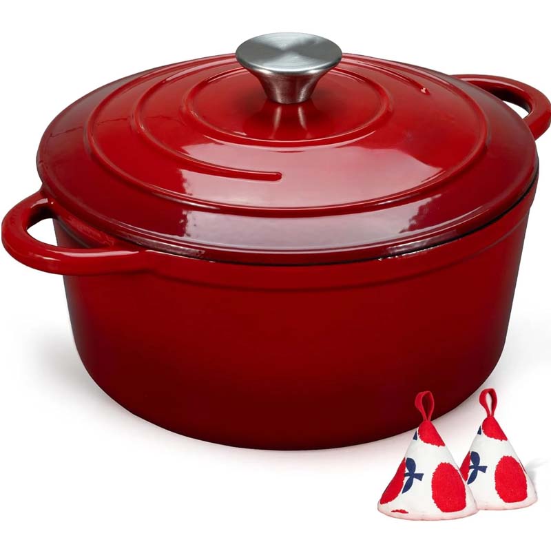Red enameled cast iron Dutch oven with two pot holders.