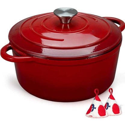 Red enameled cast iron Dutch oven with two pot holders.