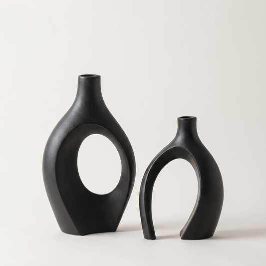 Black 2-piece sculptural hollow ceramic vase set, Kiyo Home