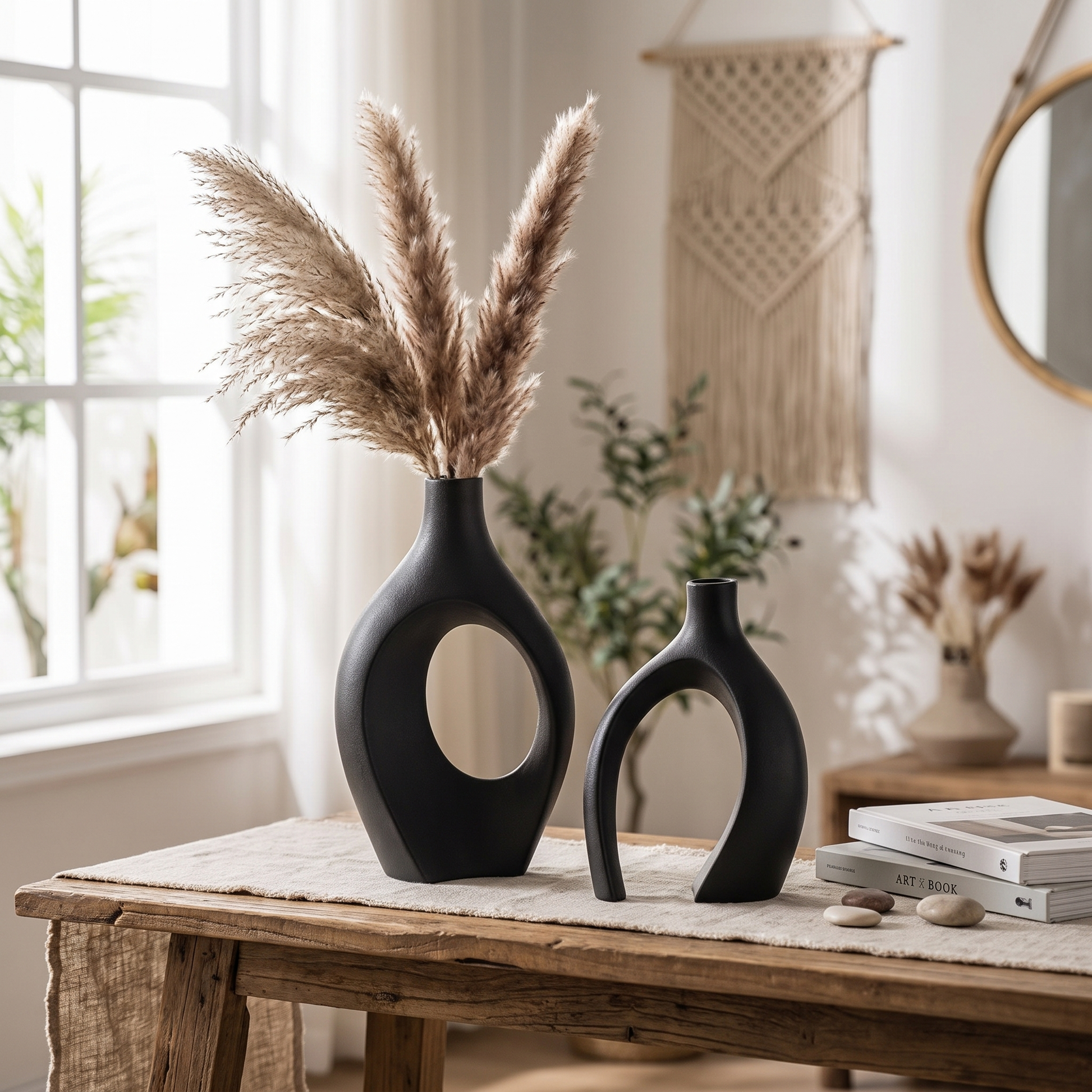 2-piece sculptural ceramic vase set in a living room, Kiyo Home